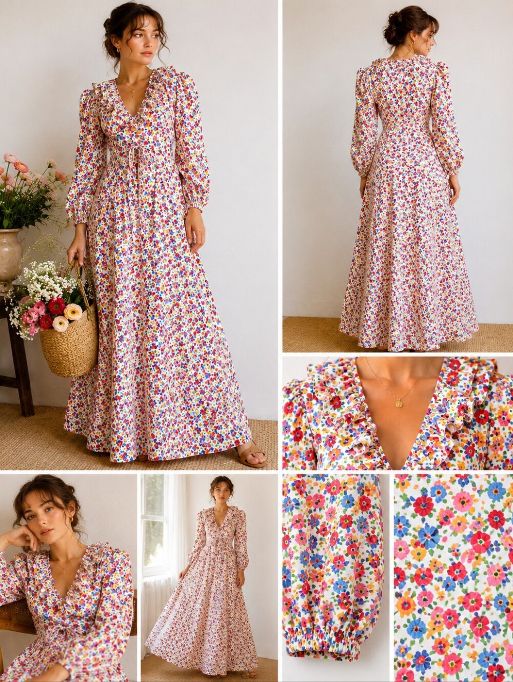Vintage 1970s Prairie Floral Maxi Dress Cottagecore Puff Sleeve Gunne Sax Style